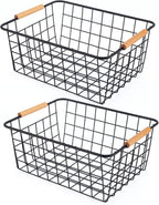 Black 2PCS Wire Storage Baskets with Wooden Handles - Organizing Pantry and Kitchen Cabinets - Metal Wire Food Storage Basket