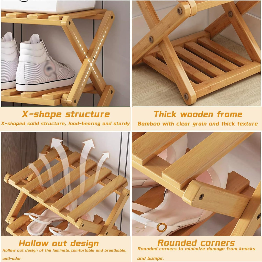 The 9-Tier No-Assembly Bamboo Rack,Foldable Bamboo Shoe Rack,Collapsible Shoe Rack for Entryway Closet Dorm,Installation-Free (Natural,8 Tier)