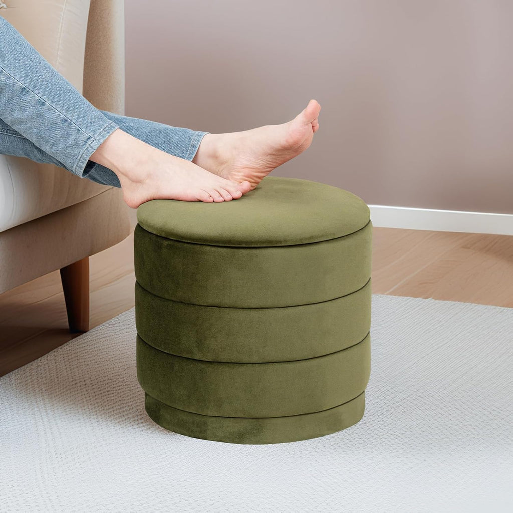 15 Inch Round Velvet Storage Ottoman, Upholstered Foldable Foot Rest Stool with Tray, Small Coffee Table for Bedroom Living Room