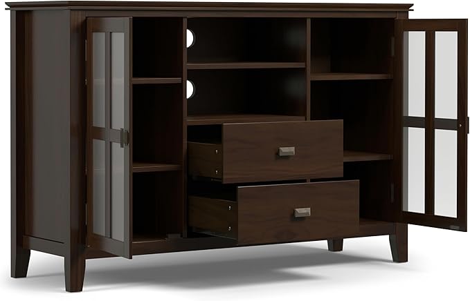 SIMPLIHOME Artisan TV Stand - 53 inch Wide Solid Wood Tall Media Console in Tobacco Brown, Contemporary Entertainment Center for Living Room for TVs up to 60 Inches with Drawers and Cable Management