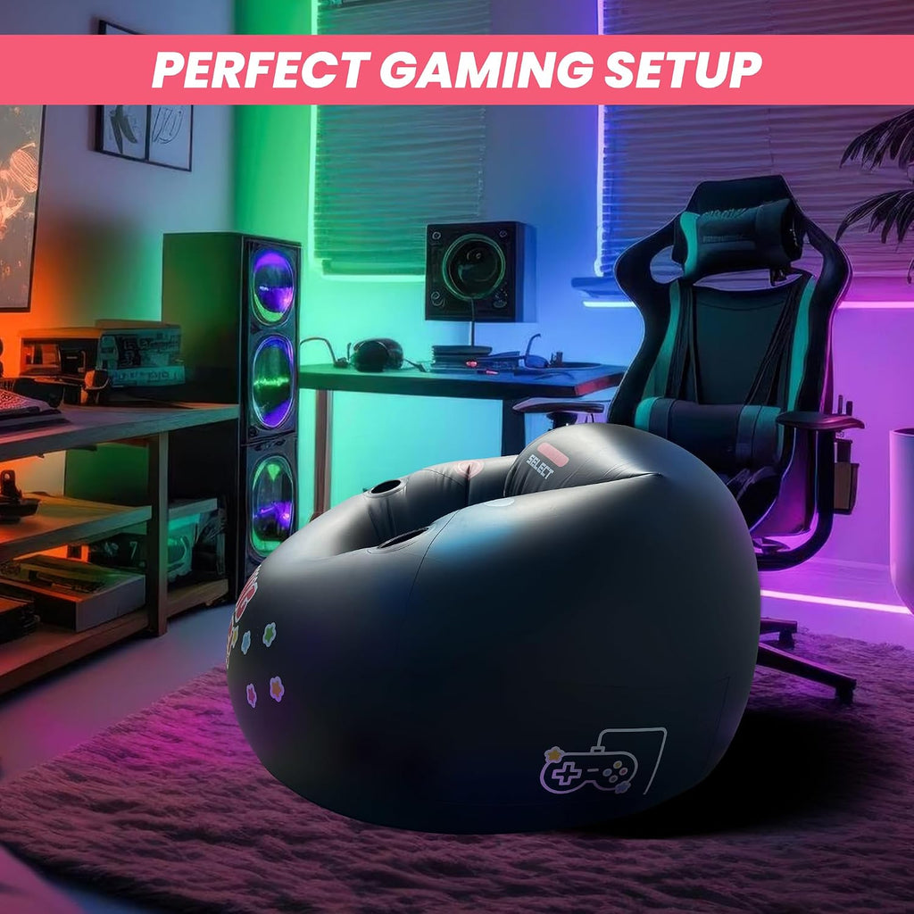 Inflatable Gaming Chair for Kids & Teens with Cup Holders and Side Pocket - This Air Gaming Bean Bag Chairs for kids is The Perfect Furniture for Gamer Room Decor - Perfect Gaming Stuff for boys 4-12