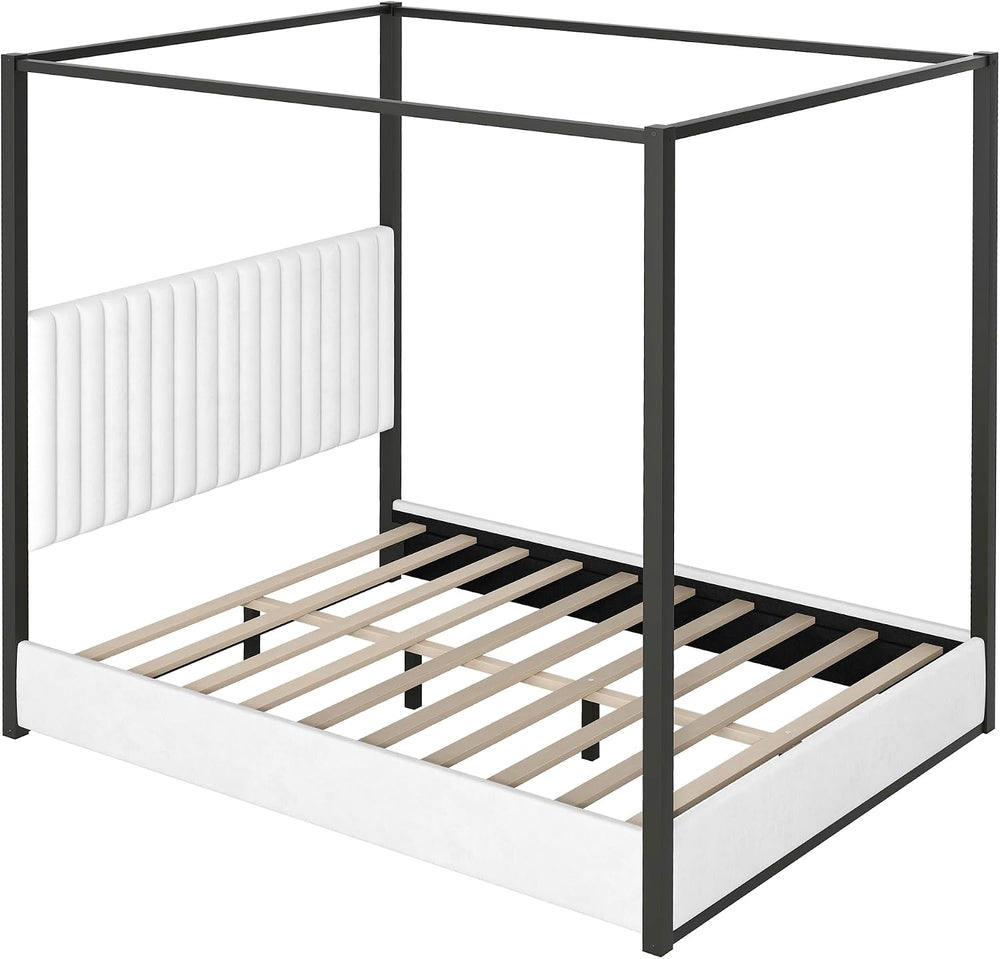 LUMISOL Queen Size Upholstered Canopy Bed, 4-Poster Platform Bed with Tall He...