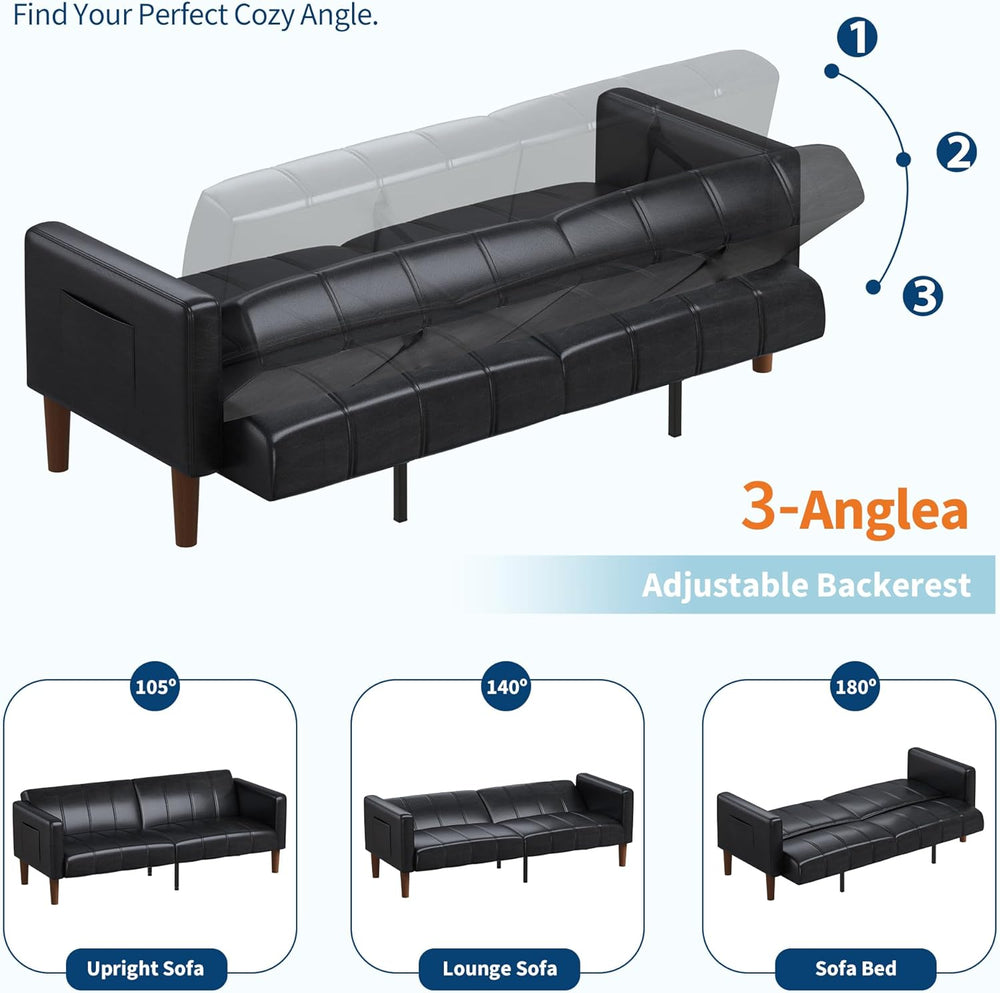 75 in Futon Sofa Bed, Faux Leather Convertible Couch with Adjustable Backrest...