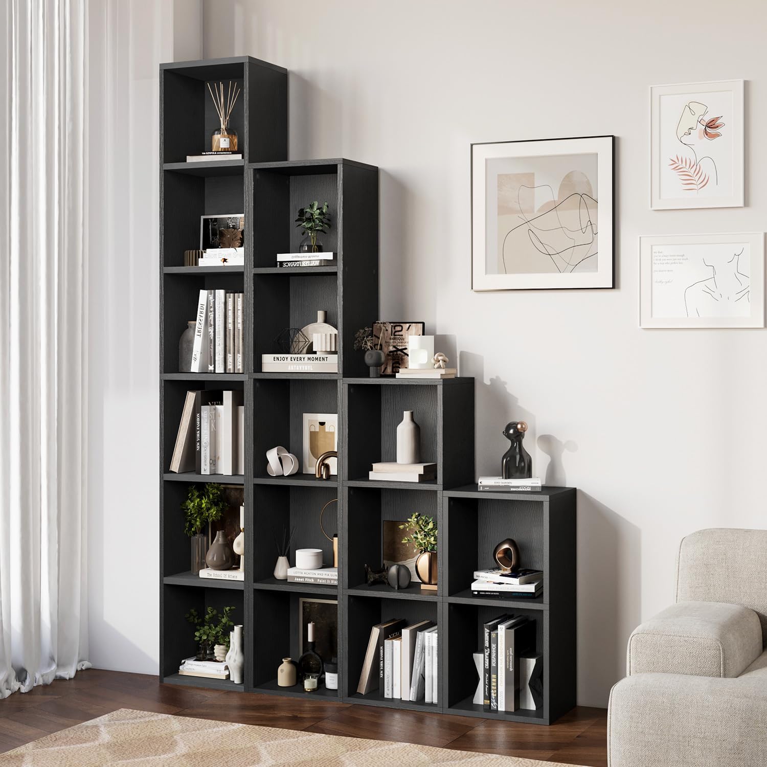 oneinmil Small Narrow Bookshelf, 3-Tier Cube Display Rack, Modern Corner Bookshelf with Storage Space, CD Storage Cabinet for Home Office (Black 1 Pack, 3-Tier)