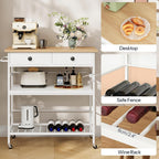 HOOBRO Kitchen Island with Storage, Rolling Island Cart for Kitchen with 2 Drawers & Outlet, 3 Tier Coffee Station and Microwave Stand, Kitchen Island Table for Home, Natural and White WN08UZD01