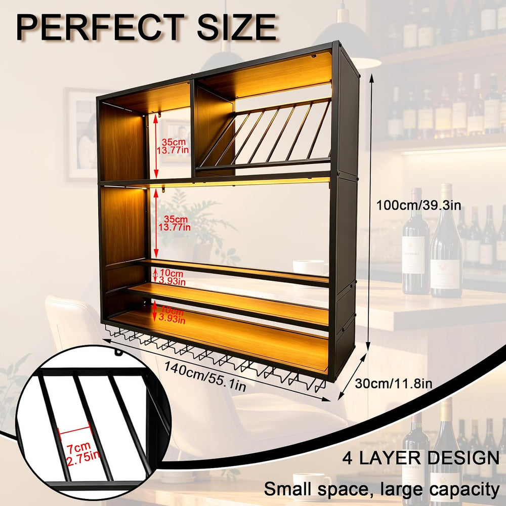 55in Large Wall Mounted Wine Rack with LED Light, 4 Tier Iron Liquor Bottle D...