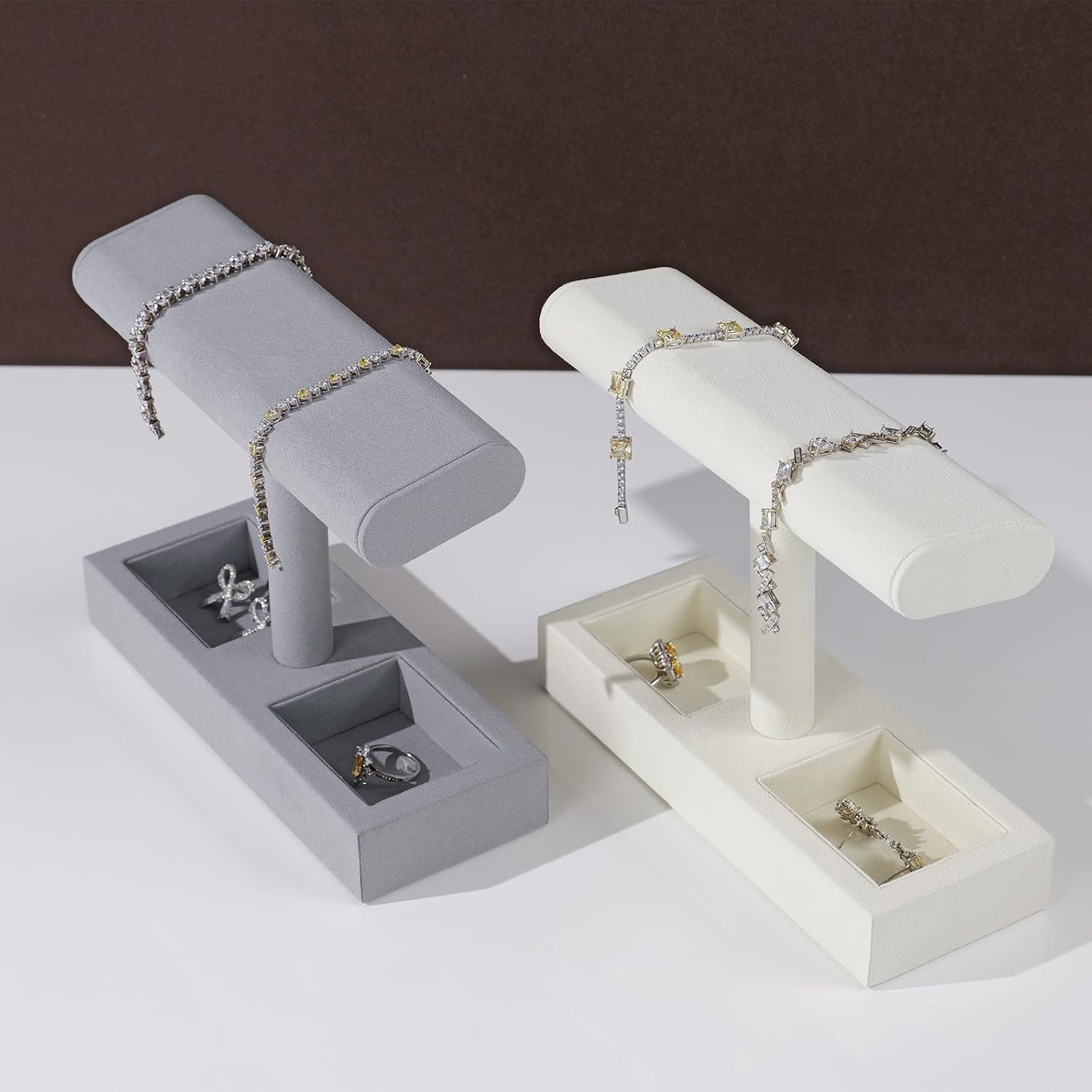 Oirlv Microfiber T-Bar Watch Display Stand Jewelry Display Props Jewelry Organizer Holder for Watch Bracelet Ring Earrings (Light Grey,Microfiber)