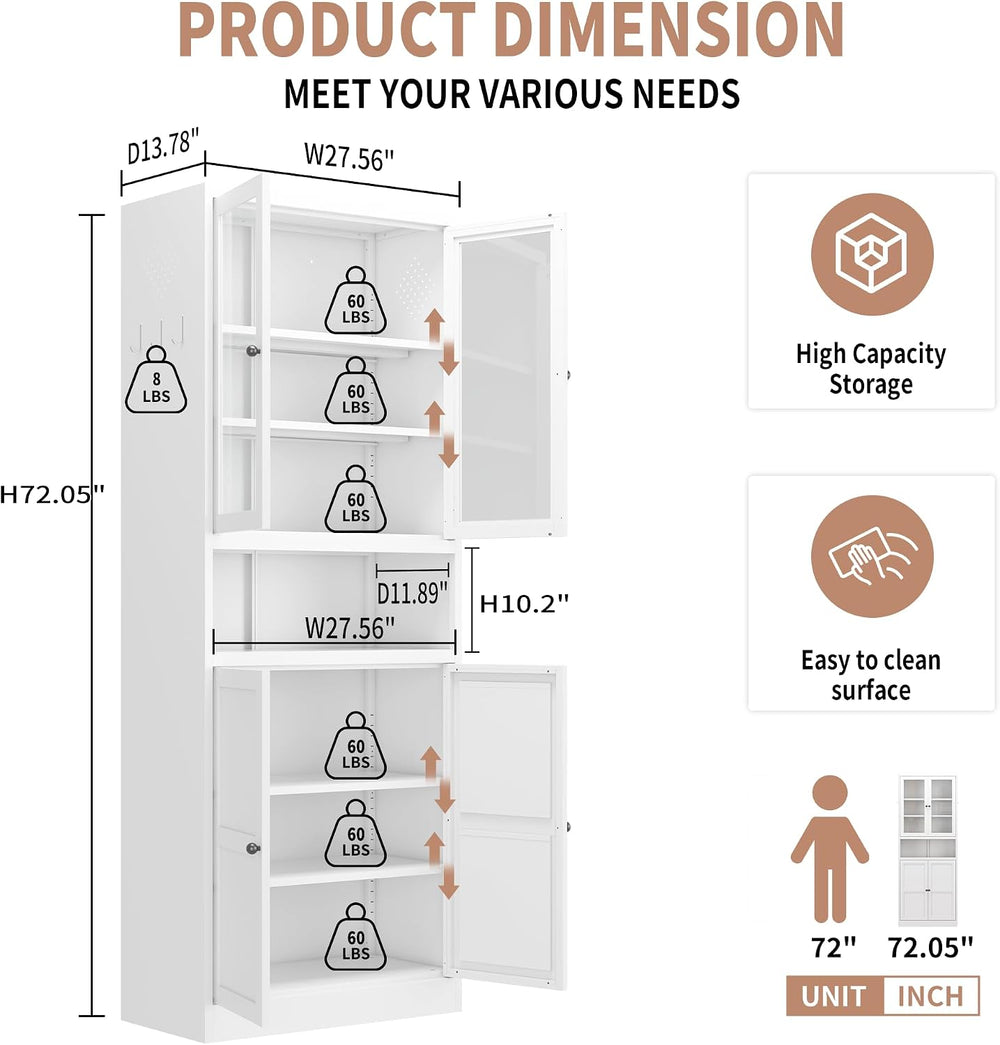 72" Tall Metal Kitchen Pantry Cabinet with Glass Doors & Adjustable ...