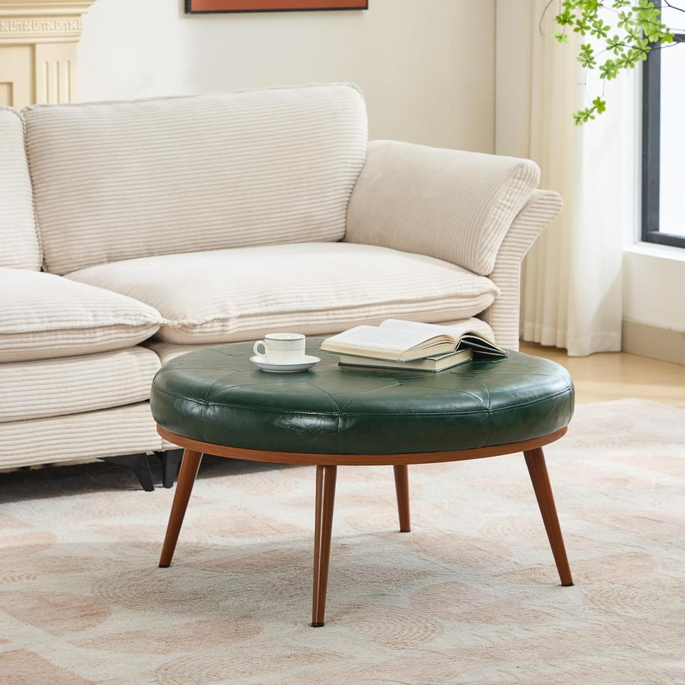 Round Ottoman, Large Faux Leather Footstool and Coffee Table, Cushioned Backl...