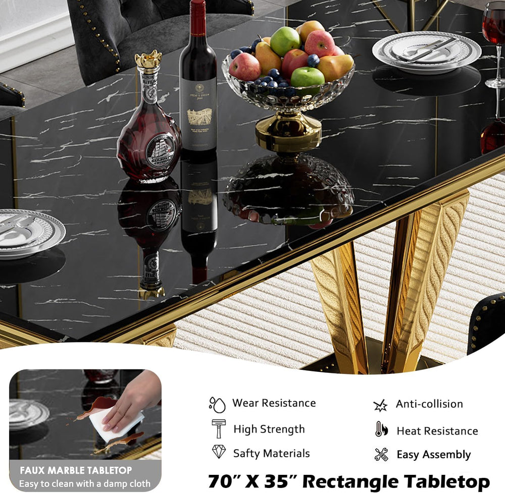68" Faux Marble Dining Table Set for 6, Black Gold Dining Room Table wit...