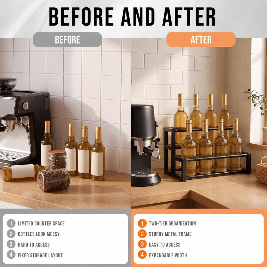 Large Expandable Coffee Syrup Organizer, Syrup Rack for 8-16 Bottles | 17.5 to 29 Inch Adjustable Width, Heavy-Duty Metal Syrup Stand, Countertop Coffee Bar Organizer for Kitchen, Cafe & Home Bar