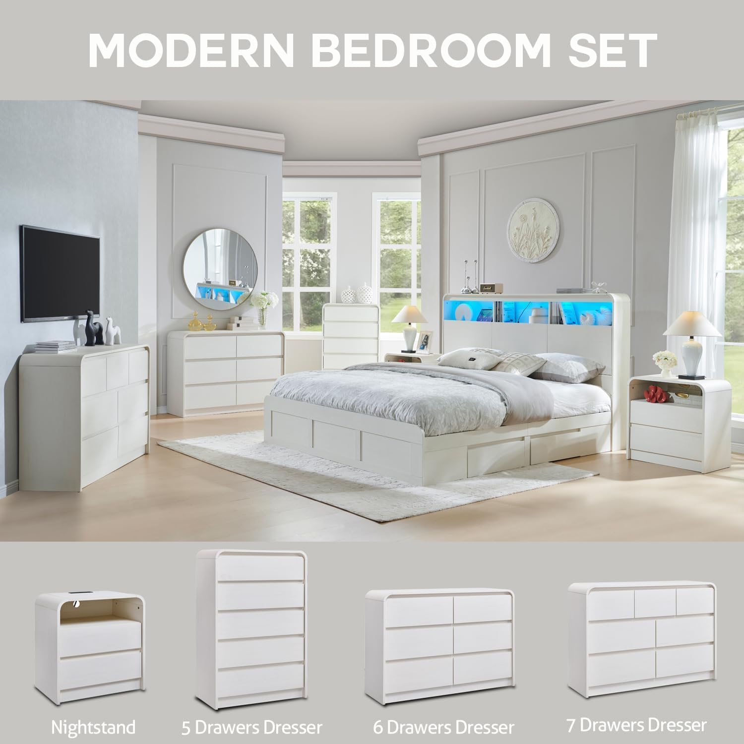 25" Tall Modern Nightstand with Charging Station, 23.6'' Wide Wood Bedside Table w/2 Storage Drawers, Large Mid Century End Table for Bedroom, Living Room, Curved Profile Design, White