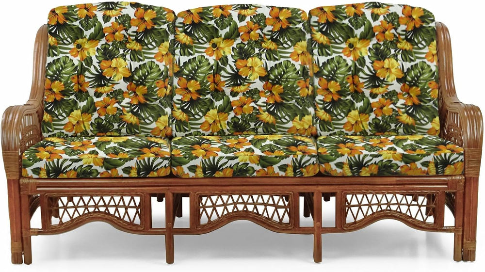 Malibu Lounge Set of 4: 2 Natural Rattan Wicker Chairs, Three-Seater Sofa wit...