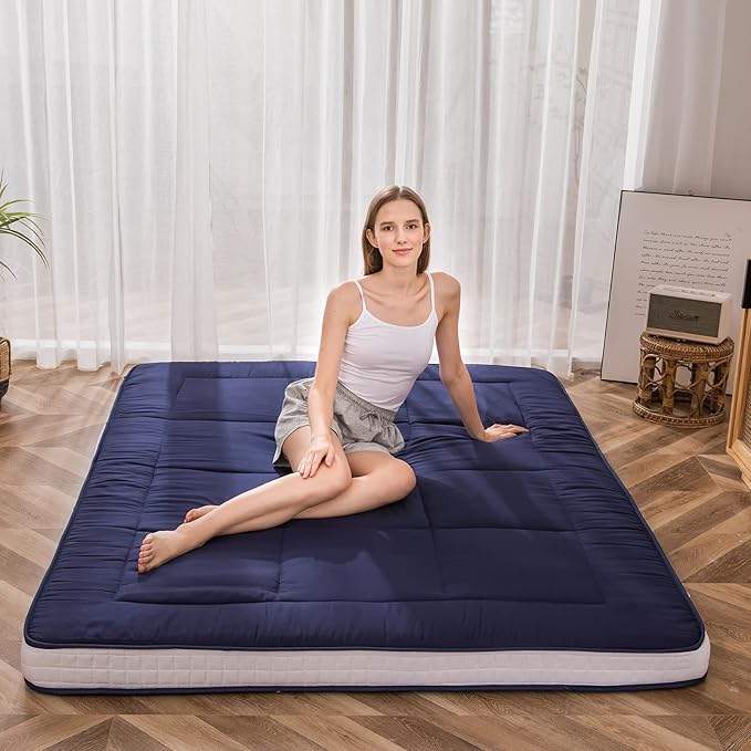 MAXYOYO Futon Mattress, Padded Japanese Floor Mattress Quilted Bed Mattress Topper, Extra Thick Folding Sleeping Pad Breathable Floor Lounger Guest Bed for Camping Couch, Navy, Full