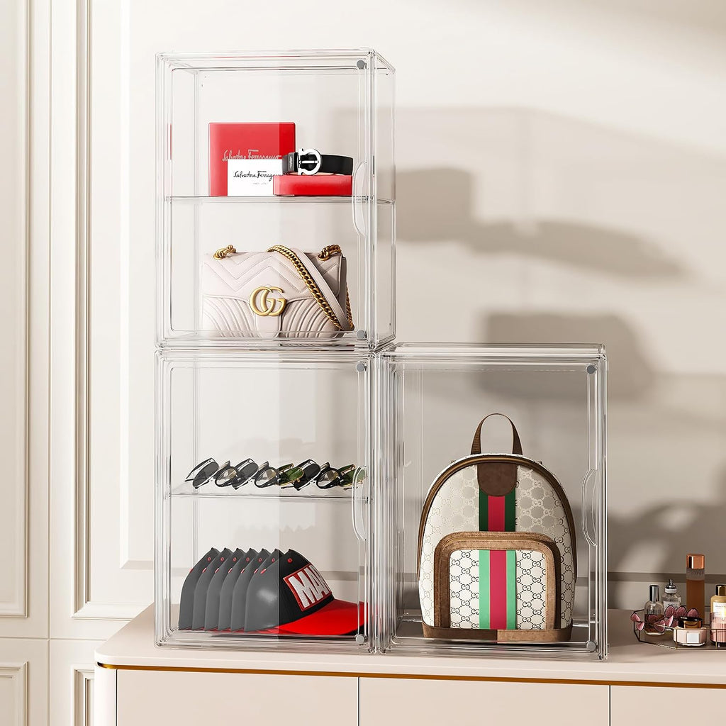 Purse Storage Organizer for Closet 3 Packs Clear Handbag Storage Organizer Acrylic Display Case with Adjustable Divider for Collectibles, Stackable Bag Organizer for Wallet, Figure, XXX-Large