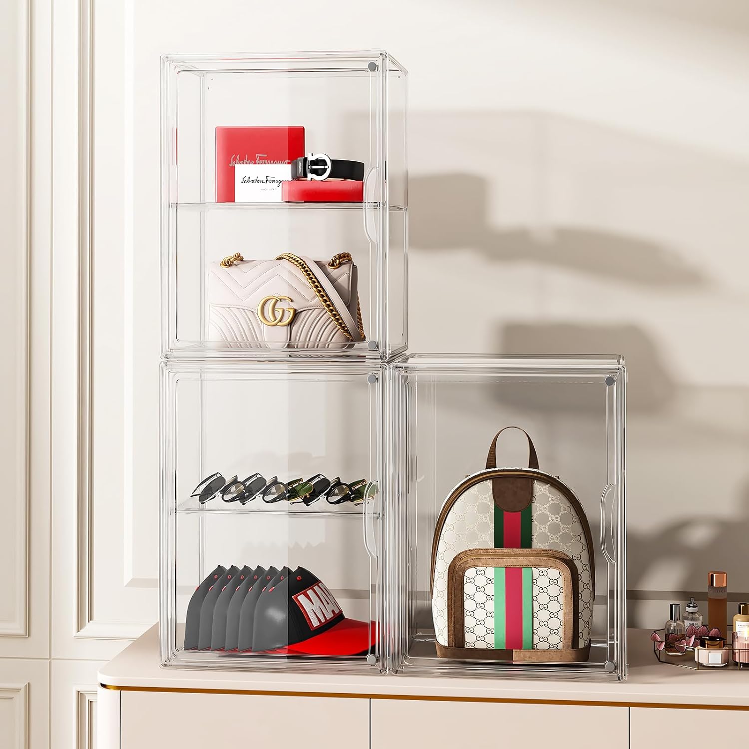 Purse Storage Organizer for Closet 3 Packs Clear Handbag Storage Organizer Acrylic Display Case with Adjustable Divider for Collectibles, Stackable Bag Organizer for Wallet, Figure, XXX-Large