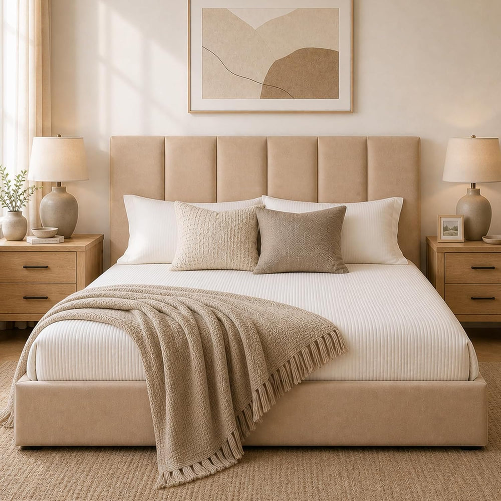 VELOCAVA King Size Upholstered Lift-Up Storage Bed, Beige Linen-Look Fabric B...