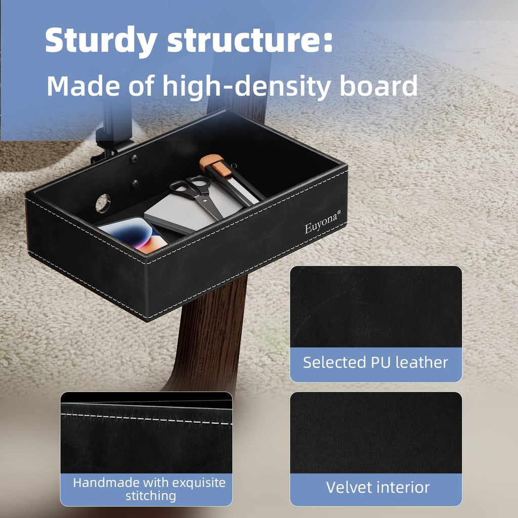 PU Leather Under Desk Organizer with 360° Rotating Clamp – for Computer Accessories, Stationery, Remote Control & Phone Storage, Black