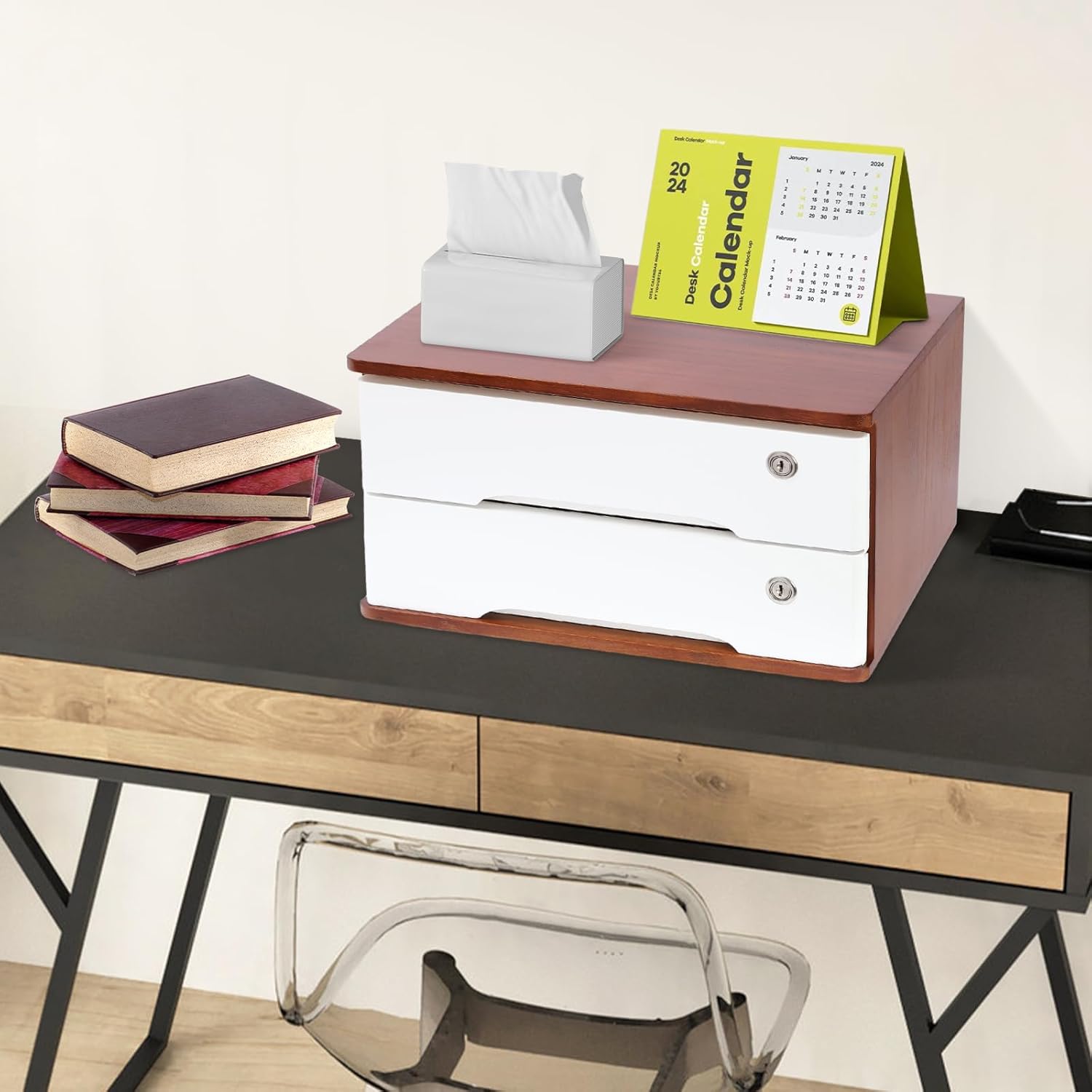 2-Tier Desktop Storage Box with Lockable Drawer, Wooden Desk Organizer for Office Supplies, Flat File Cabinet, Minimalist Design for Home & Office Use(Walnut+White)