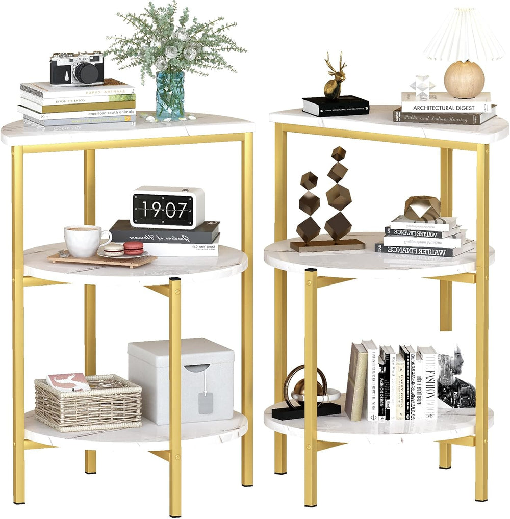 AWQM Marble Side End Table Set, 3-Tier Sofa Side Table, Small Round Coffee, T...
