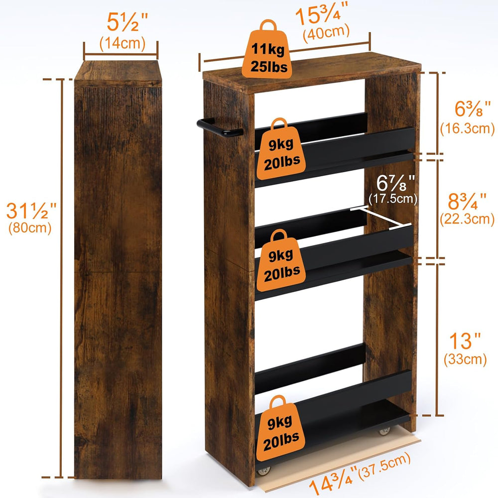 TEAMIX Slim Rolling Storage Cart, Wood 4-Tier Narrow Kitchen/Laundry Cart