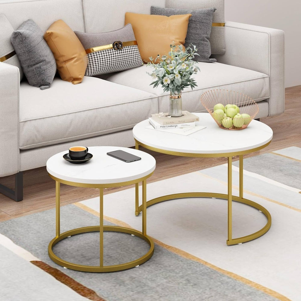 Nesting Coffee Table Set of 2, Round Tables with Marble Pattern MDF Top | Spa...