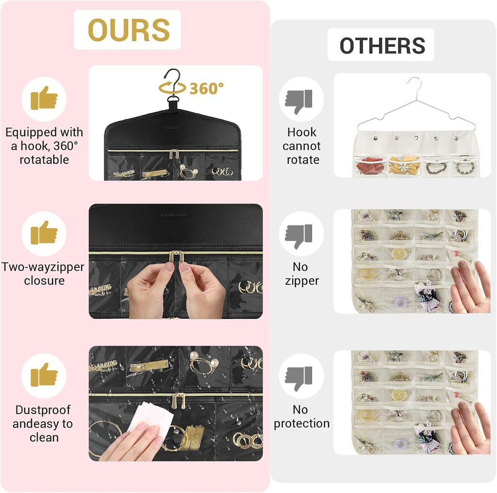 CHICECO Hanging Jewelry Organizer With Zippered Pockets,40 Pockets Travel Jewelry Organizer Storage for Cloest,Wall,Door