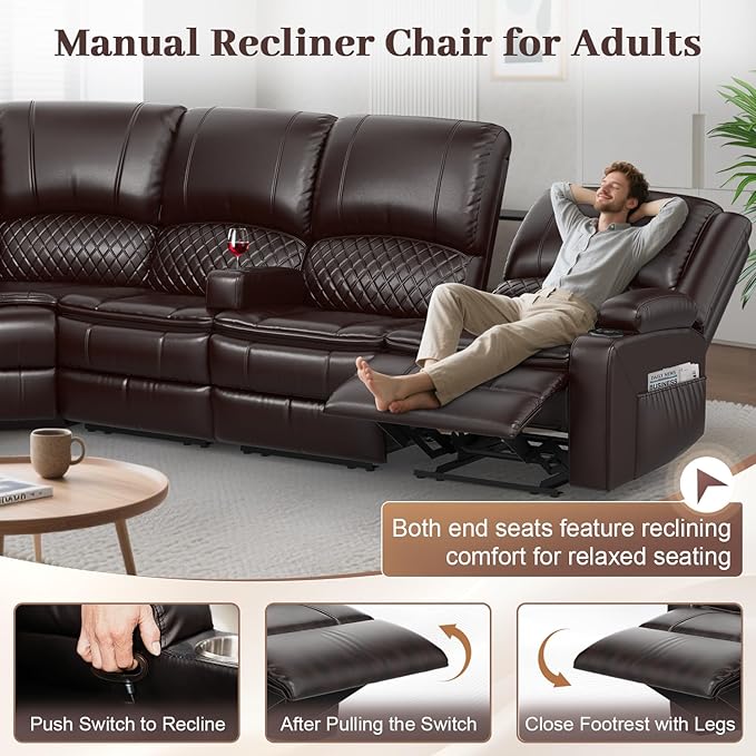 Manual Reclining Sectional Sofa Set, 5 Seats 1+1+3 Leather Reclining Corner Sectional Couch, Family-Sized L-Shaped Recliner Couch with USB Charging, Thickened Padding, Sturdy Frame, Brown