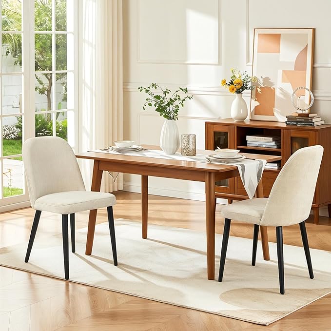 Upholstered Dining Chairs Set of 2 Modern Kitchen Chairs Chenille Fabric Dining Room Chairs High-Back Padded Dining Chairs with Metal Legs for Kitchen Dining Room Restaurant Cafe Hotel, Beige