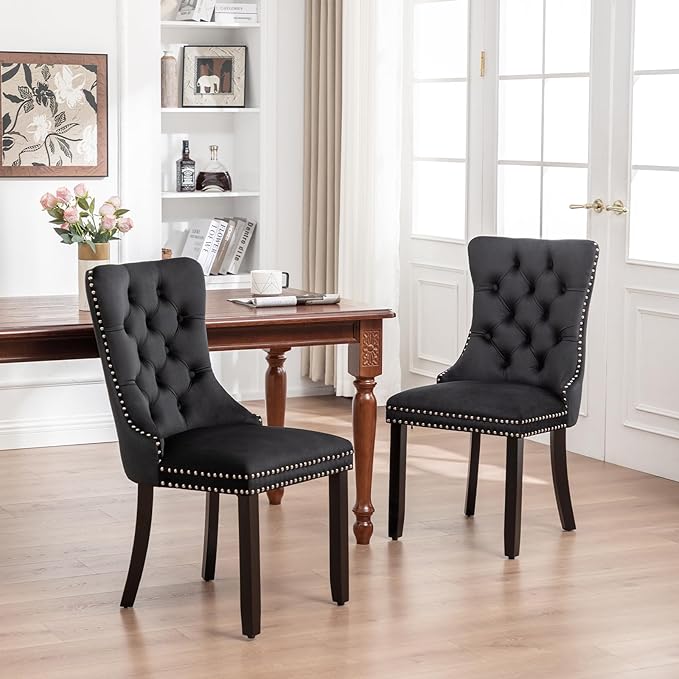 Velvet Dining Chairs Set of 2,Upholstered Dining Chairs with Ring Pull Trim and Button Back,Modern Seating for Kitchen, Bedroom & Living Room(Black)
