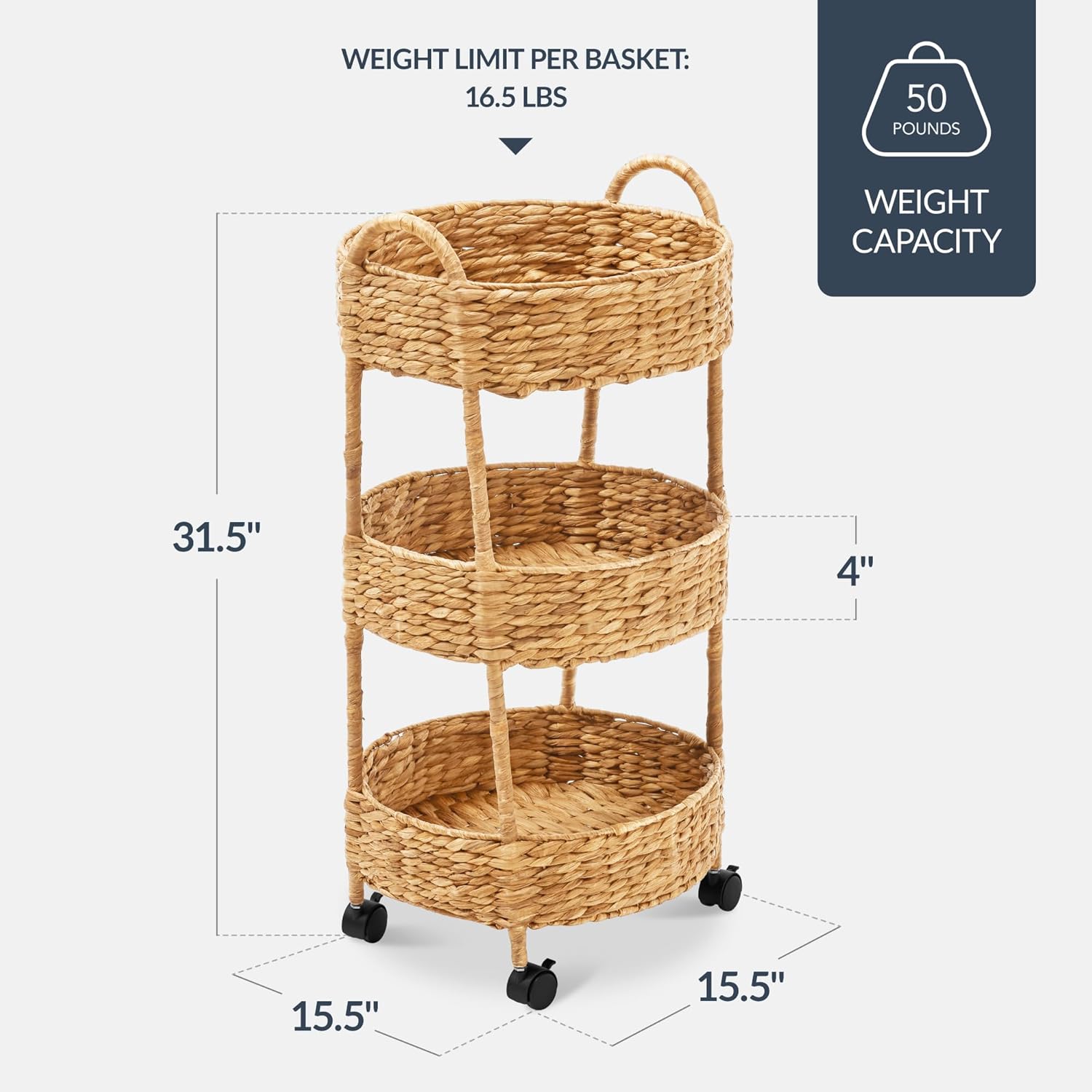Best Choice Products 3-Tier Round Rolling Nursery Caddy w/Wheels, Handwoven Utility Cart, Storage Organization for Bathroom, Craft Room, Laundry Room - Natural