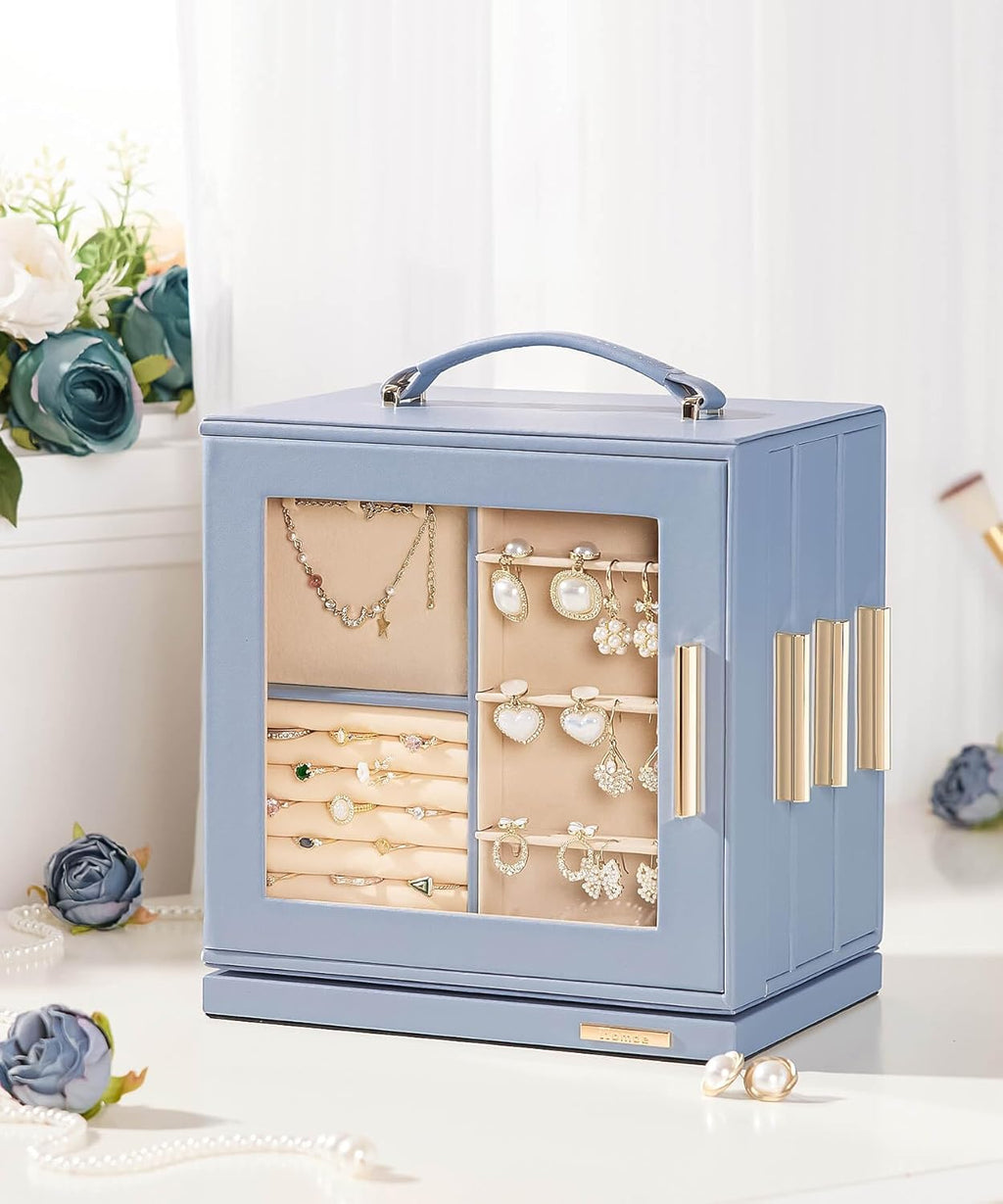 Homde Christmas Gifts Jewelry Box 360° Rotating, Necklace Earring Organizer with Transparent Window, Mirror, 7 Drawers, Large Ring Display Storage Case for Girls Women (Grey Blue)
