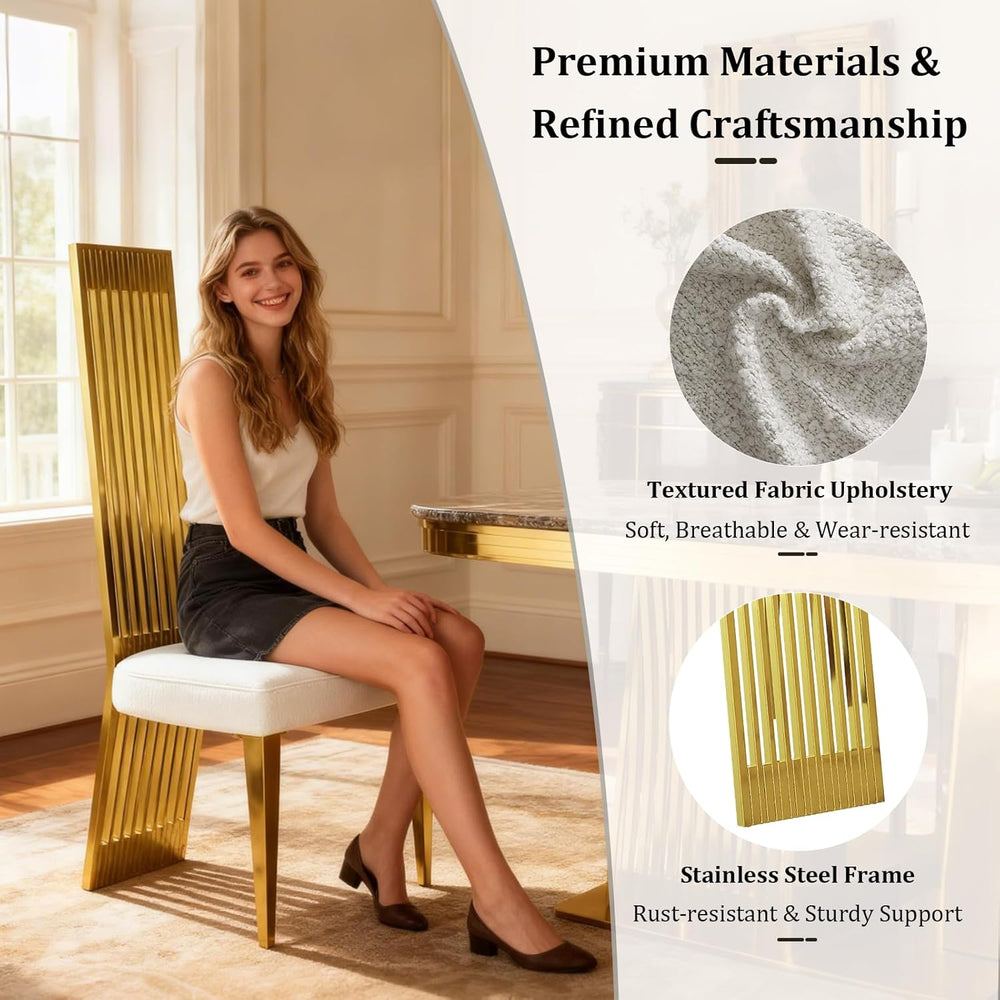 White and Gold Dining Chairs Set of 2, Upholstered Boucle Dining Room Chairs ...
