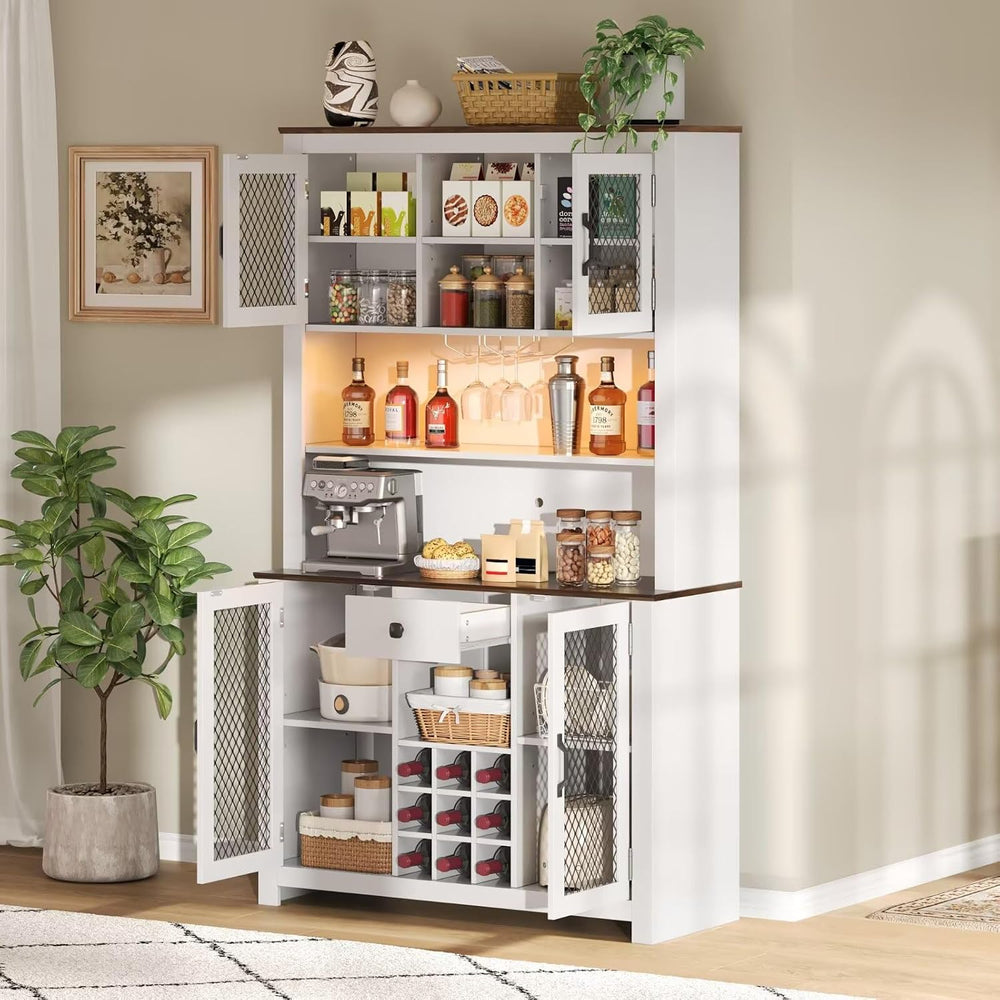 DRIXNO 70.9" White Kitchen Pantry Cabinet with RGB LED Lights & Char...