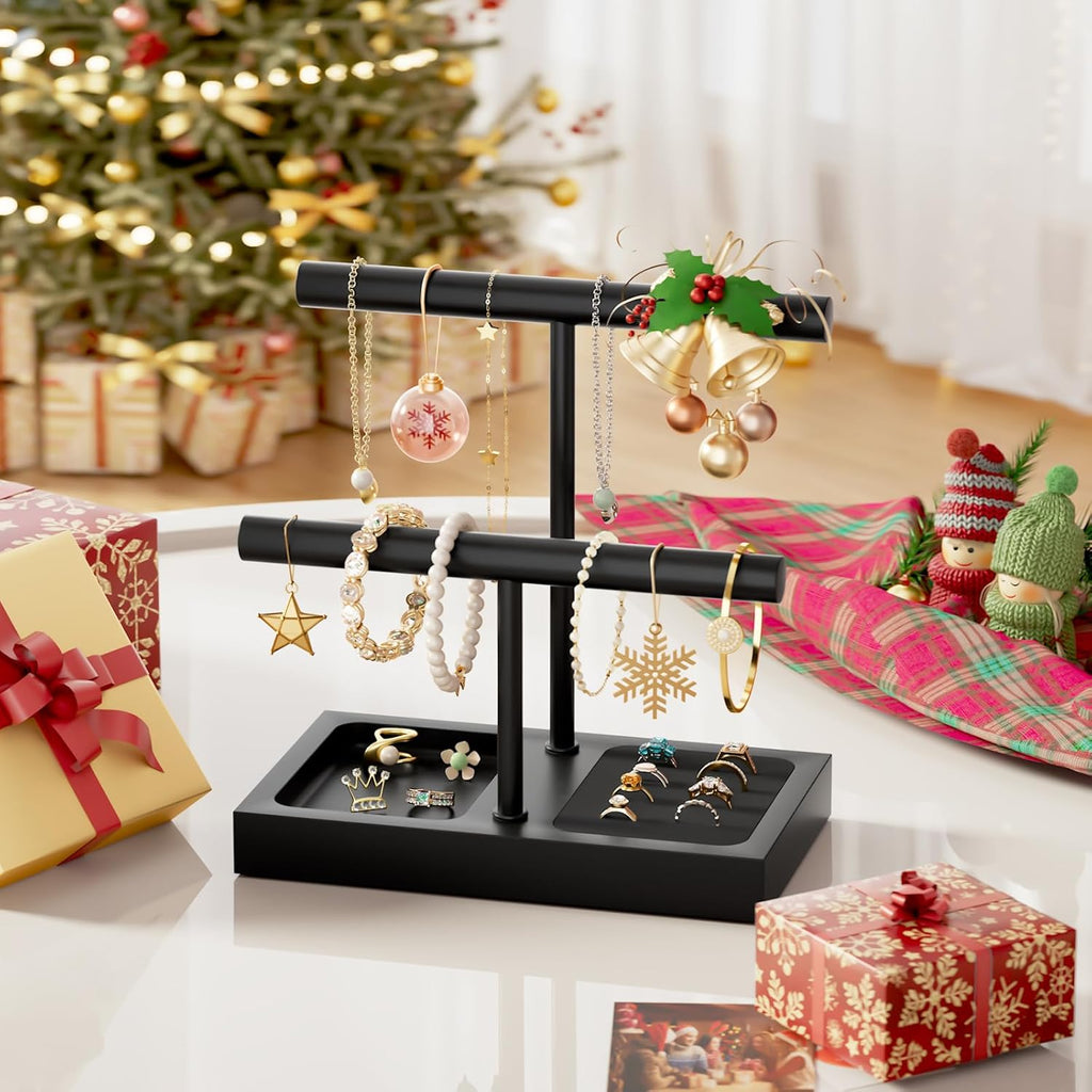 SZQINJI Jewelry Holder Organizers Bracelet Holder Display Stand, Solid Wood Base with 2 Tier Metal T-bar for Bracelet Wristband Bangle Watch Necklace Hanging, Black, Christmas Gift