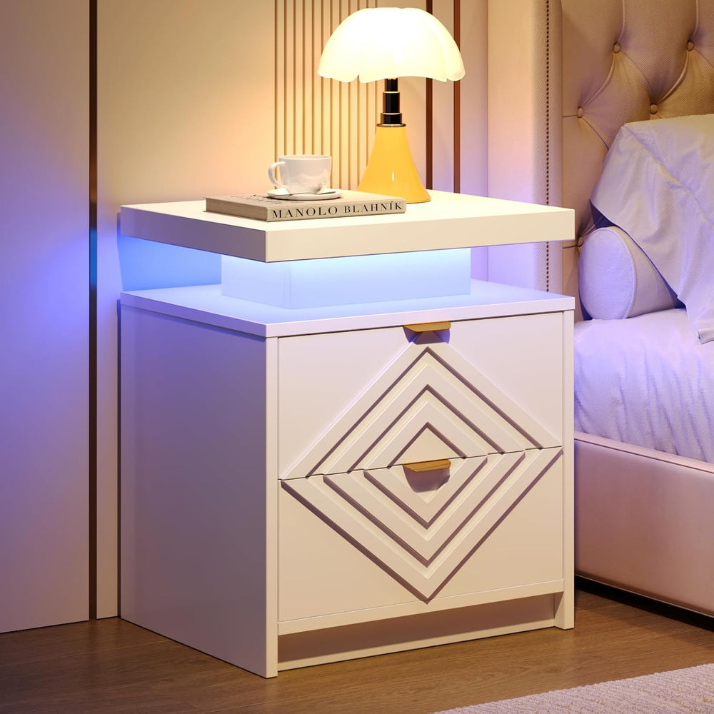 White Nightstand with Charging Station and LED Lights, Smart Night Stand, Mod...