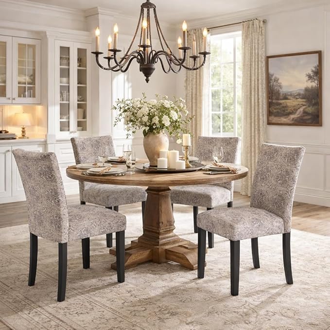 HomePop Classic Parsons Dining Chair -Gray Linen Artistic Floral Print (Set of 2)