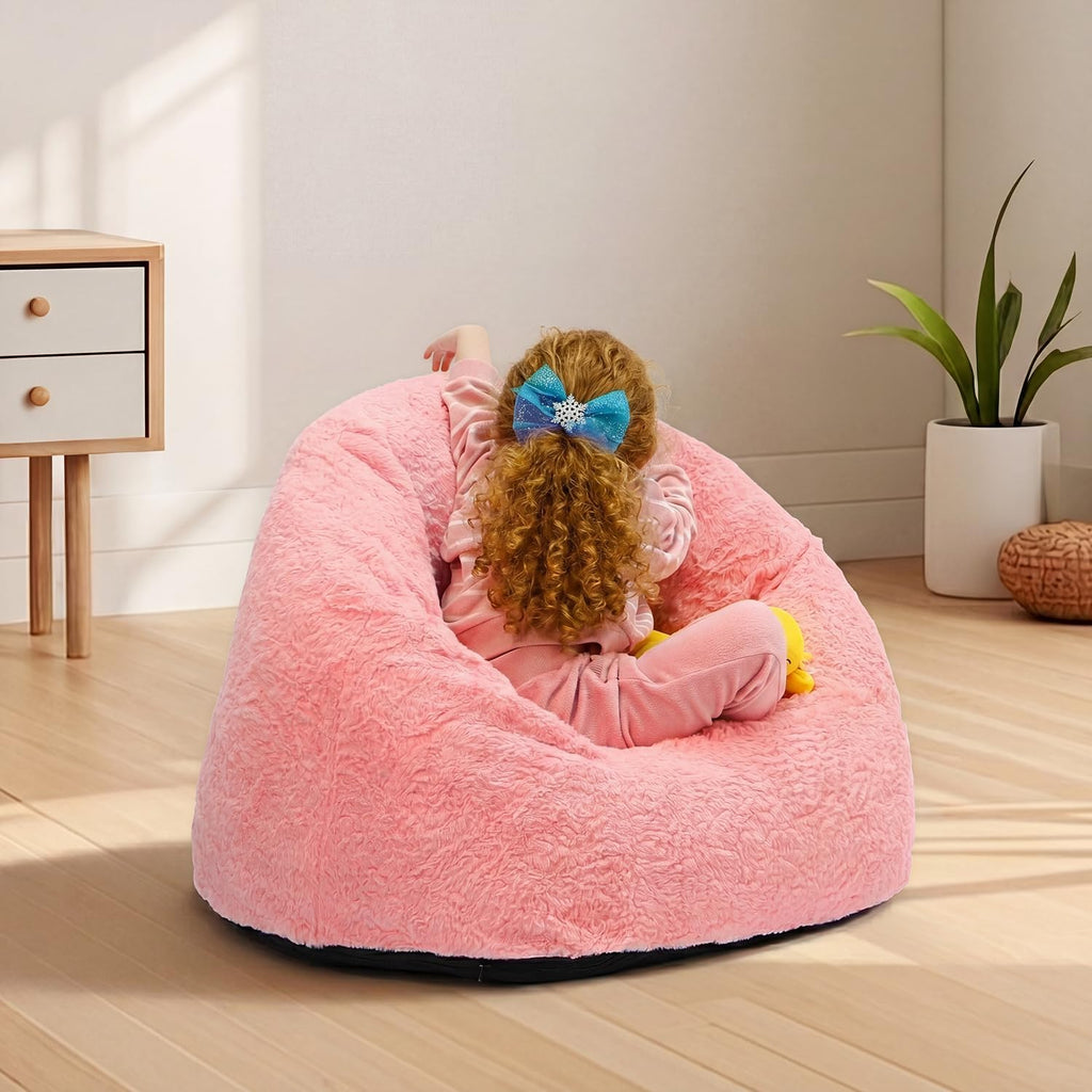 N&V Small Bean Bag Chair for Kids, Children Mini Bean Bag Sack, Foam Filling, Includes Removable and Machine Washable Cover, 27in, Soft Faux Fur (Pink)