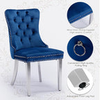 Velvet Upholstered Dining Chairs Set of 2, Modern Style Kitchen Side Chairs with Nailhead Trim and Silver Plated Leg, Metal Pulling Ring for Dining Room Living Room(Blue-Silver Plated Leg)
