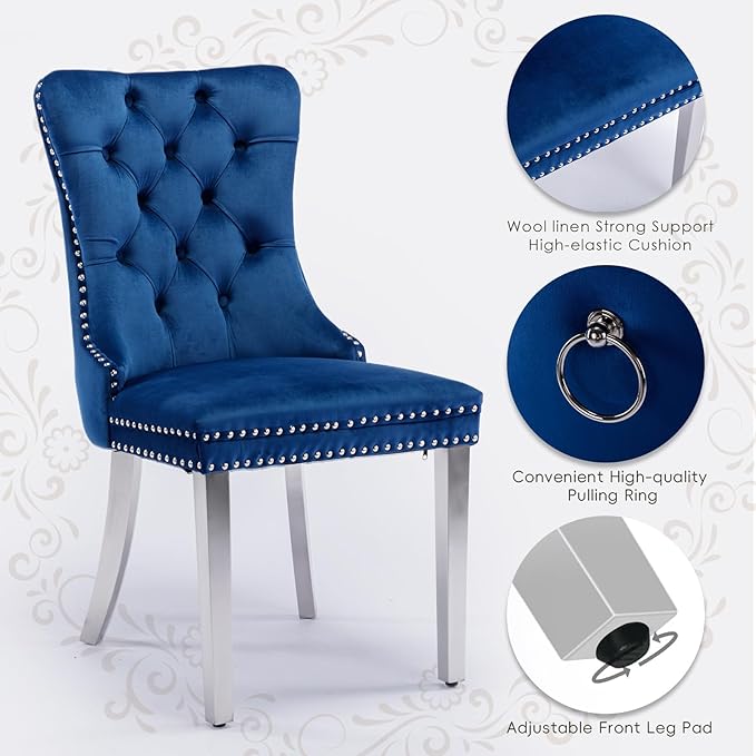 Velvet Upholstered Dining Chairs Set of 6, Modern Style Kitchen Side Chairs with Nailhead Trim and Silver Plated Leg, Metal Pulling Ring for Dining Room Living Room(Blue-Silver Plated Leg)