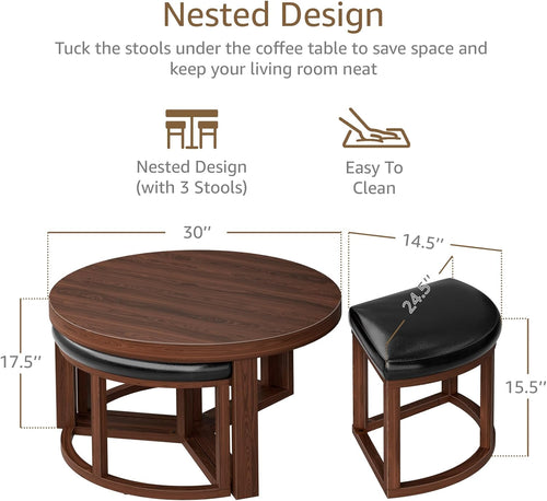 30 Inch Round Coffee Table with Stools - Small Modern Tables Set with 3 Chairs Ottomans Seating Seats Walnut Wood