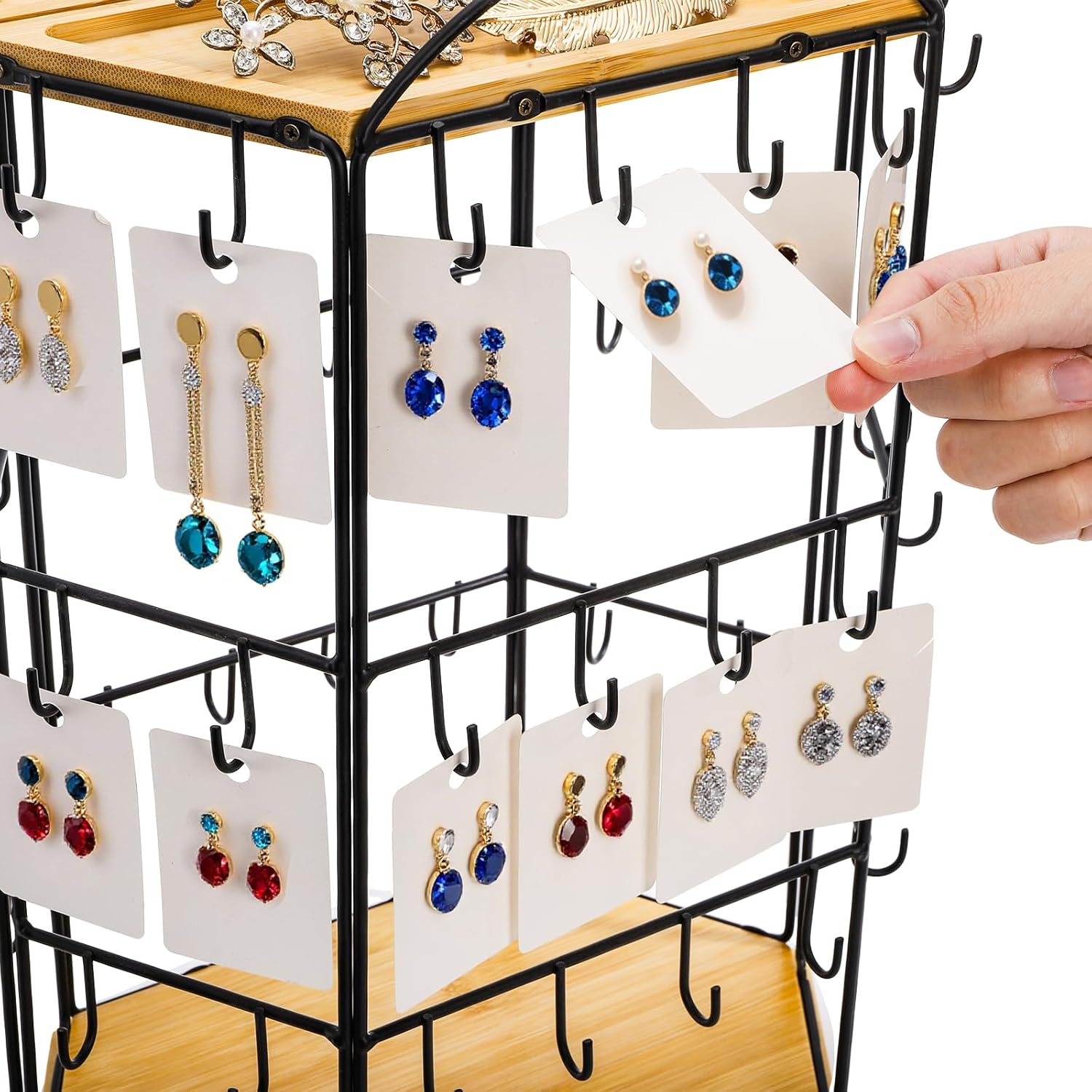 Rotating Earring Display Stand for Vendors, 48 Hooks Hexagon Bamboo Jewelry Holder, Large Capacity Jewelry Storage Showing Rack for Selling, Store, Home, Necklace Bracelet Keychain, 3 Tiers