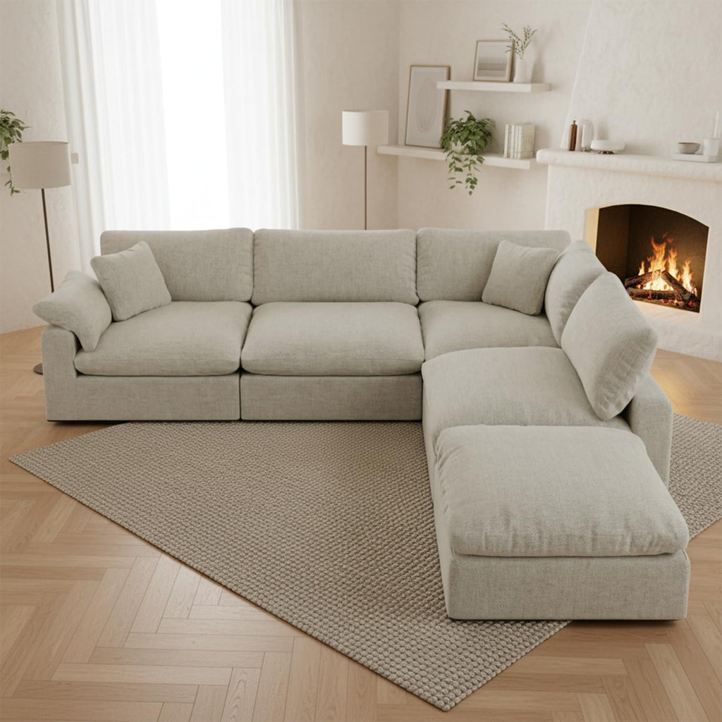 143" Cloud Modular Sectional Sofa,Light Beige Down Filled Sofa 4 Seat with Chaise,Minimalist Sofa Cover Washable and Replaceable Couches for Living Room,Sectional Sofa Deep Seat
