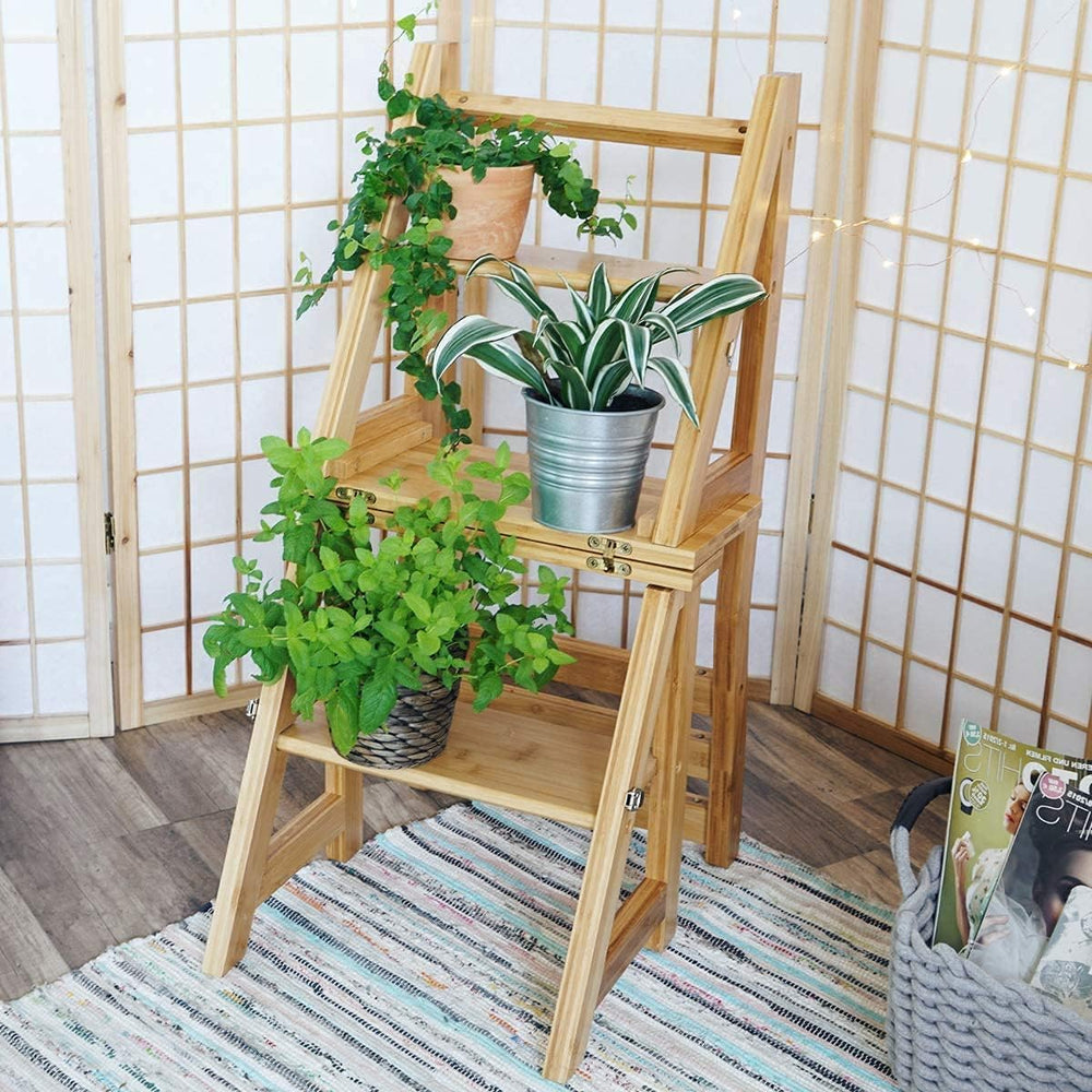 Innovative Multi-Functional Bamboo Folding 3 Step Chair Stool, Reversible Por...