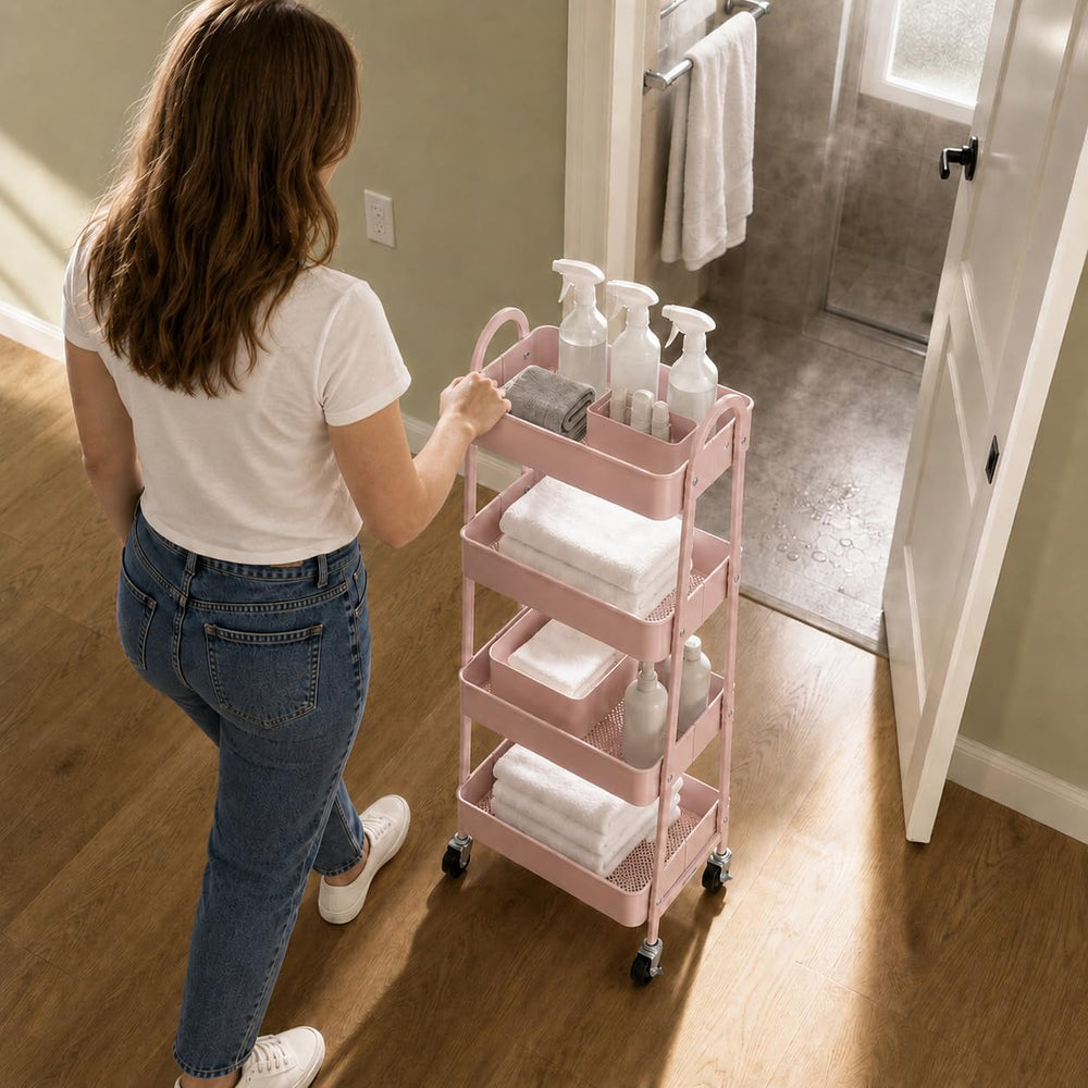 Simple Deluxe 4-Tier Rolling Utility Cart, Metal, 12.32 x 17.91 x 40.35, Pink...