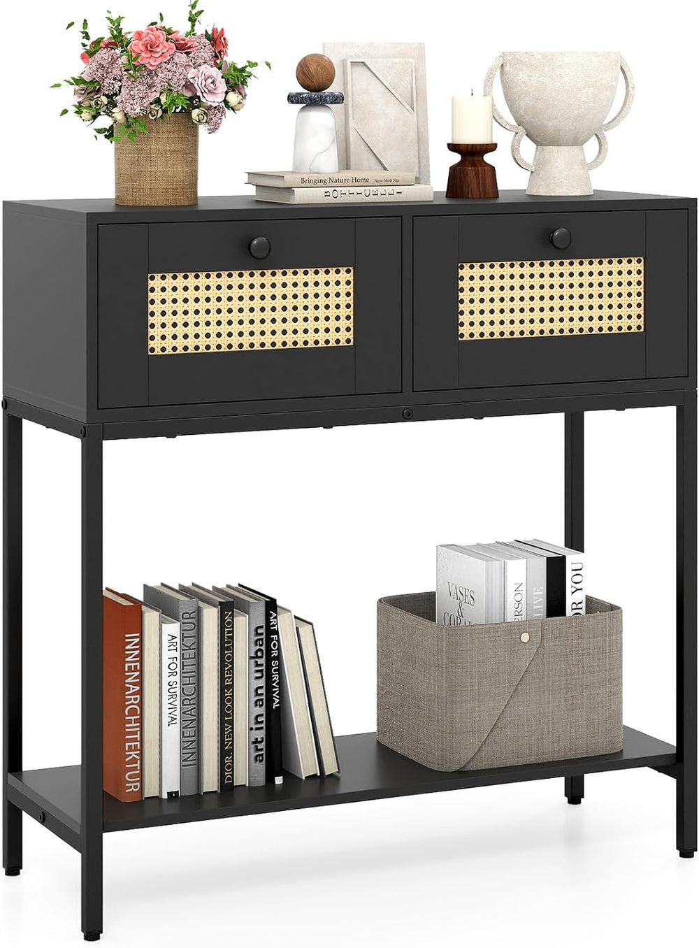 GOFLAME Rattan Console Table, Boho Entryway Table with 2 Drawers & Open S...