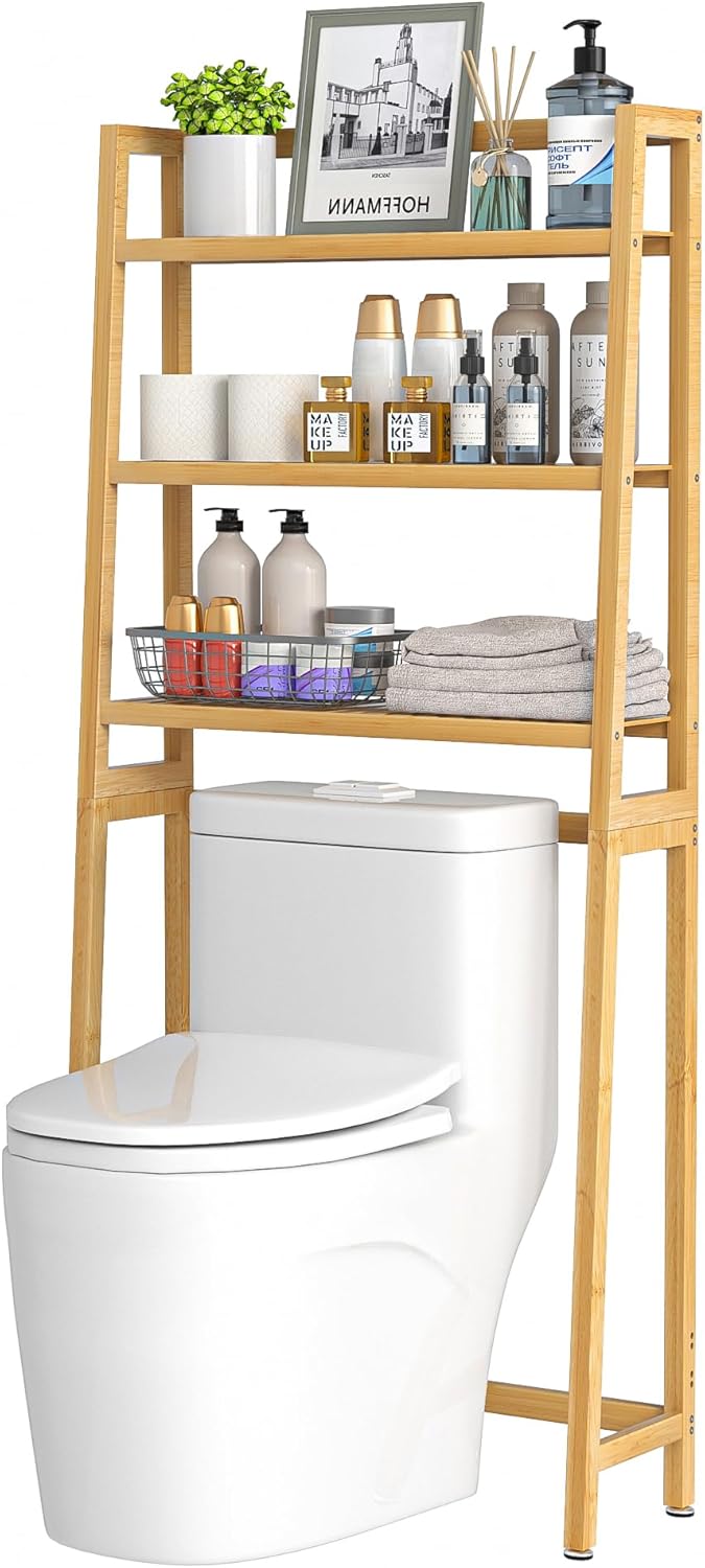 VASMIA Over The Toilet Storage,Bamboo 3-Tier Bathroom Organizer Over Toilet Storage Cabinet,Freestanding Space Saver with 3 Hooks Natural