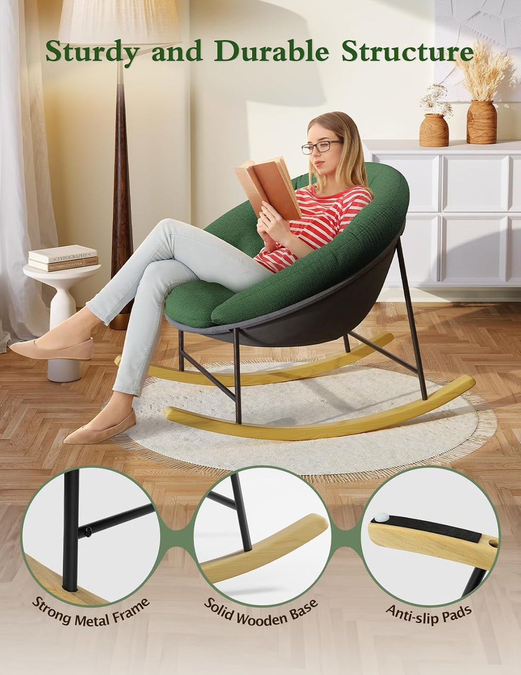 Kidirect Wide Rocking Chair Nursery, Comfy Saucer Nursery Rocking Chairs with Removable Cushion, Indoor Papasan Nursing Chair for Breastfeeding, Mecedora Para Adultos for Living Room & Bedroom (Green)