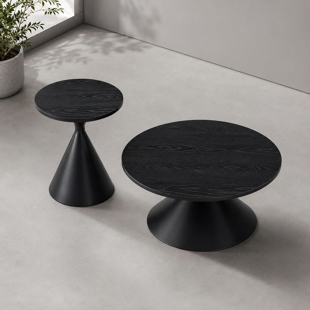 Coffee Table Set, 2-Piece Round Side Tables with Black Patterned Top & St...