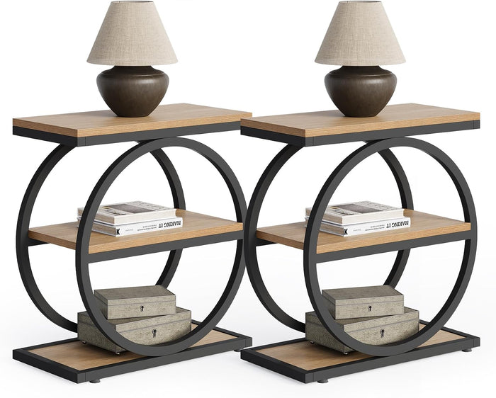 LITTLE TREE End Table Set 2, Side Table with 3-Tier Storage Shelves, Small Sofa Side Table for Living Room, Wooden Side End Table with Double Round Metal Legs, Slim Nightstand and Bedside Table, Oak